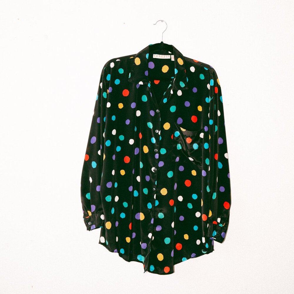 Vintage 90s Venezia Black Multicolor Polka Dot Button-Down Top – Size 14/16